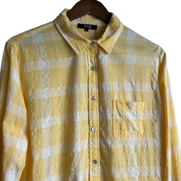 Lior Paris Women Top L Yellow Check Button Up Preppy Coastal Beach Office Travel - Picture 4 of 7